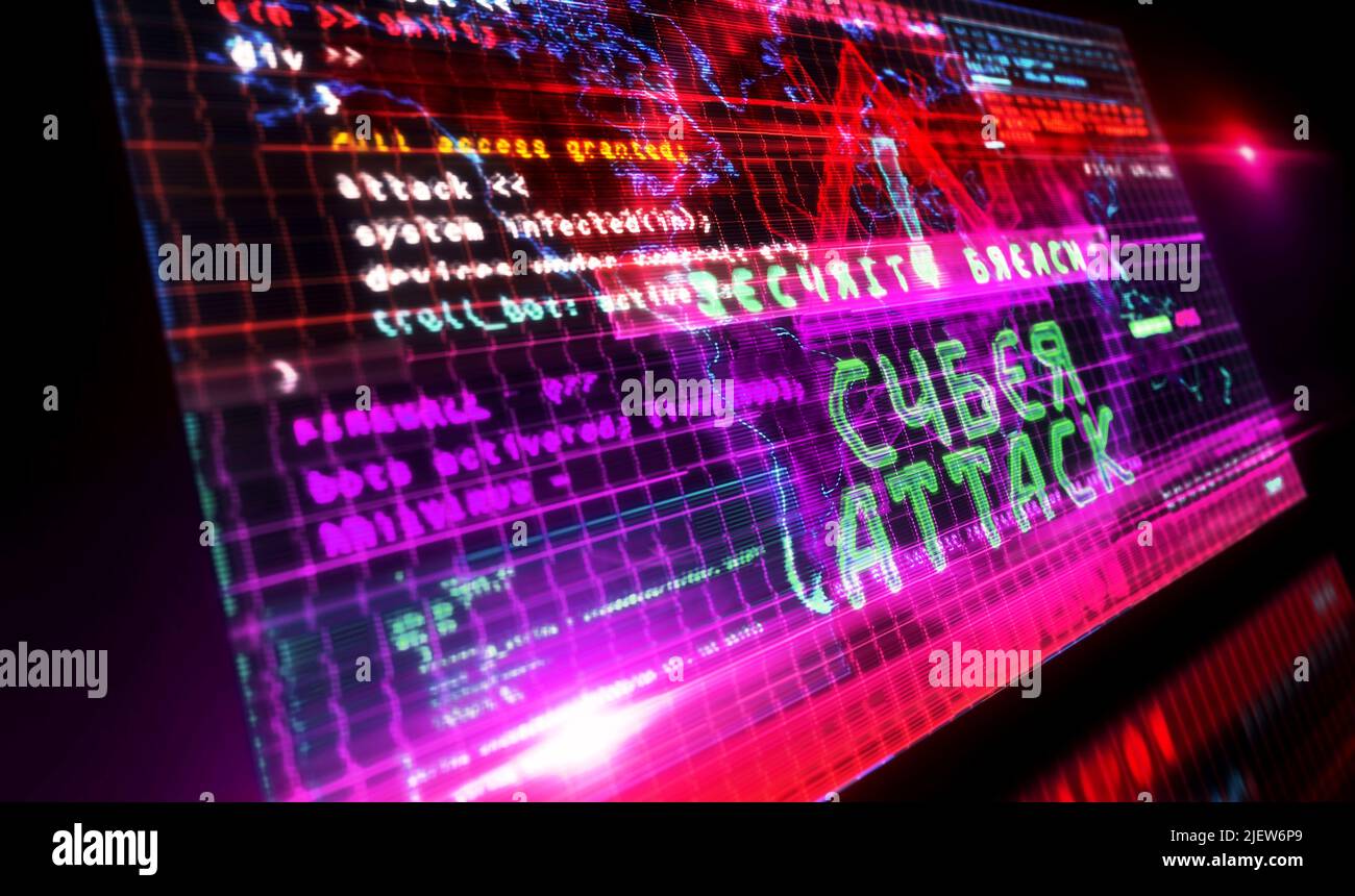 Cyberangriff auf dem Computerbildschirm. Cyber-Angriff, Sicherheitsverletzung und russische Hacker abstraktes Konzept 3D Illustration. Stockfoto