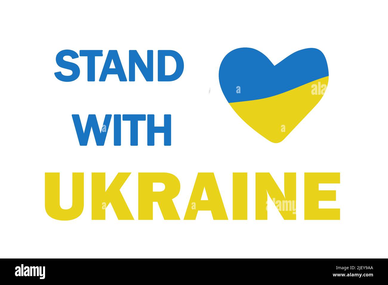 Blaue und gelbe Flagge der Ukraine mit Ständer mit Ukraine Text. Stockfoto