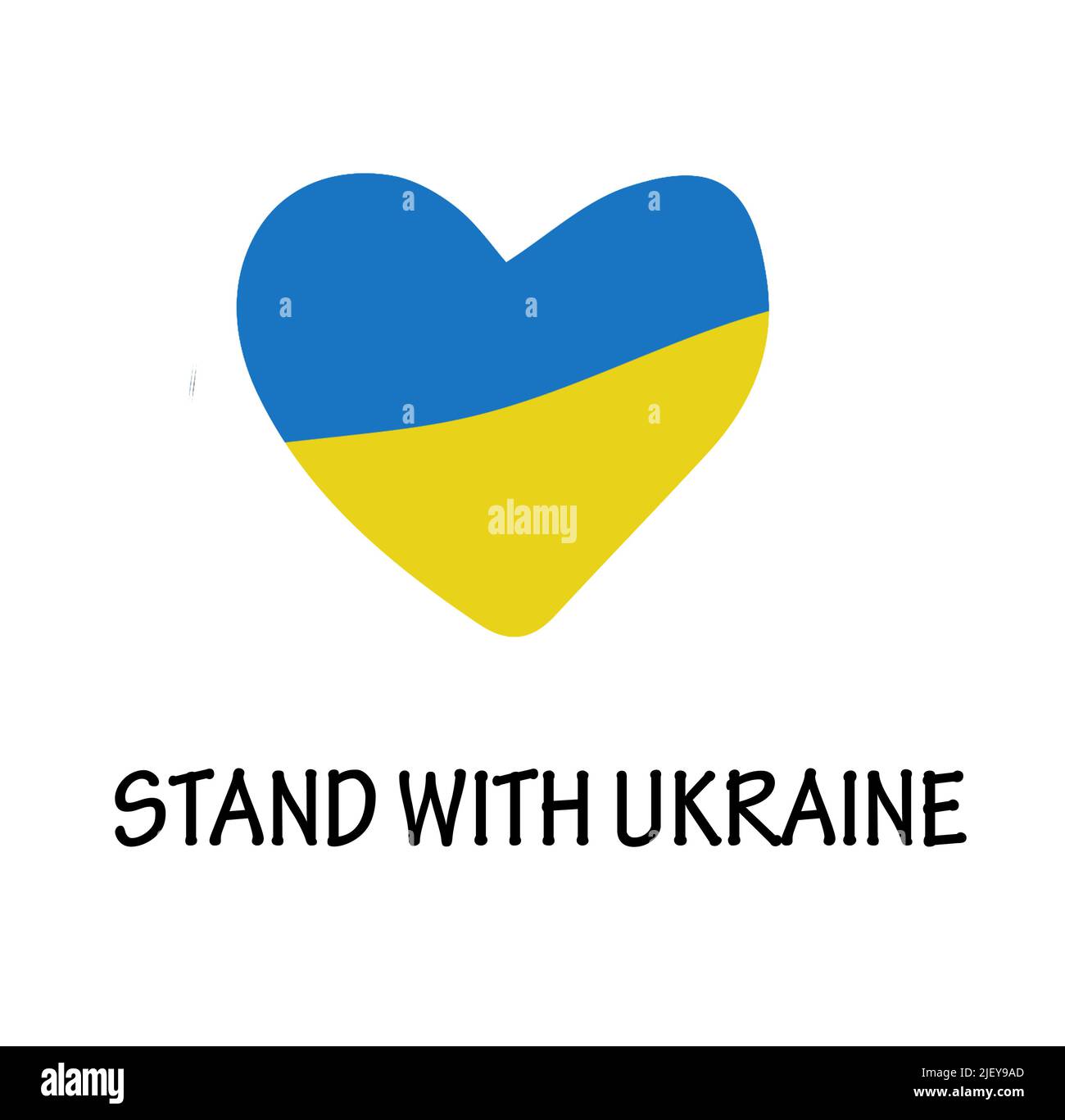 Blaue und gelbe Flagge der Ukraine mit Ständer mit Ukraine Text. Stockfoto