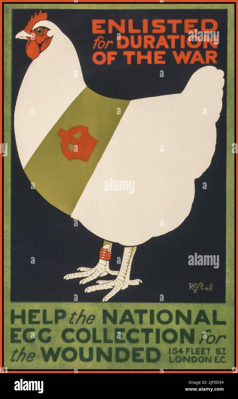 Vintage British WW1 Propaganda Food Poster 'für die Dauer des Krieges aufgenommen. Hilfe der nationalen Eiersammlung für die Verwundeten' / R.G. Praill ; Avenue Press, London W.C. Poster, auf dem ein Huhn mit einem roten Beinband und einer mit einer britischen Krone verzierten Schärpe abgebildet ist. Erstellt / Veröffentlicht 1915 1. Weltkrieg 1. Weltkrieg Lithograph Poster Stockfoto