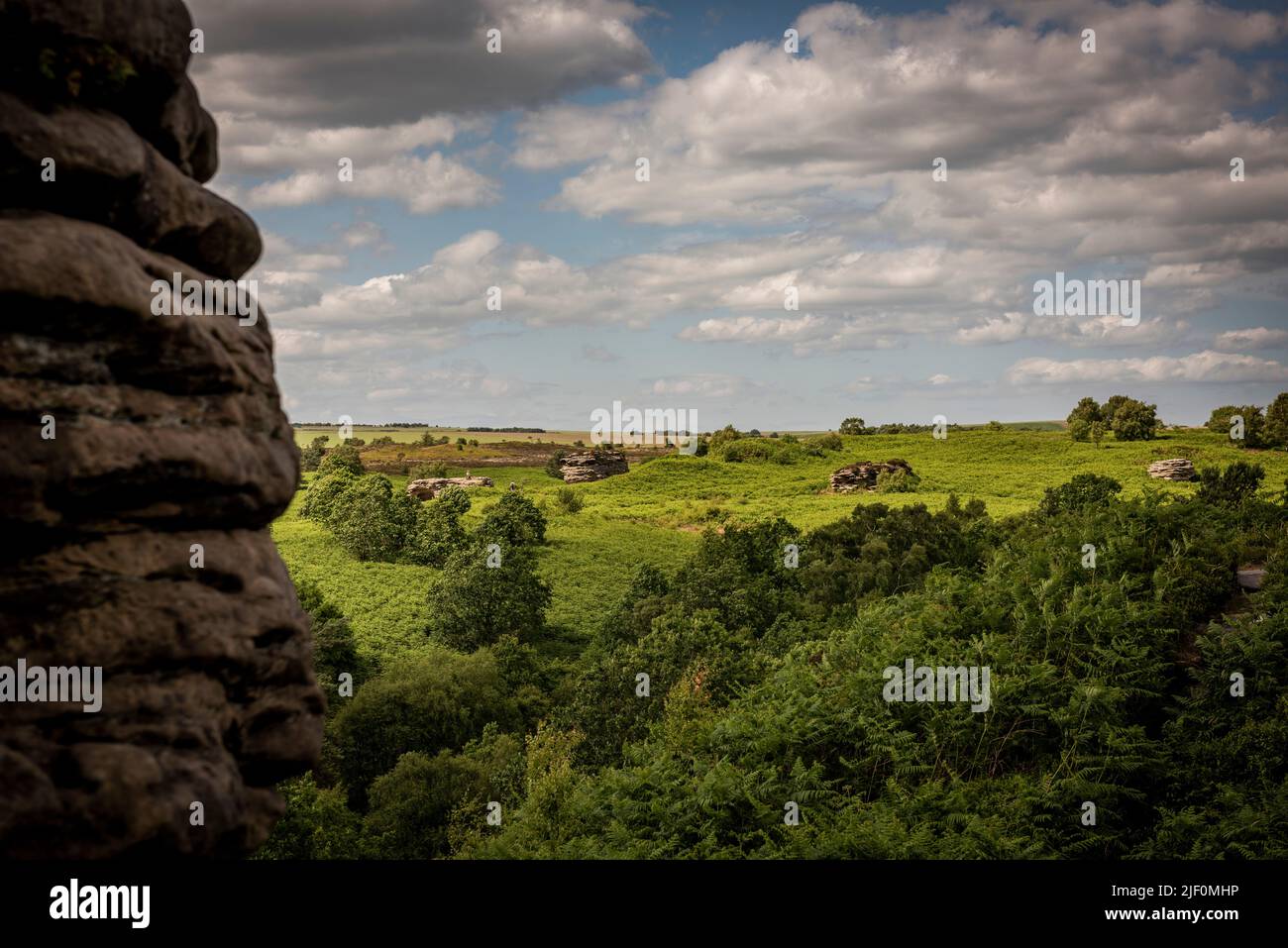 Die natürlichen Felsformationen von Bridestones, die durch Erosion im Dalby Forest, North Yorkshire, Großbritannien, entstanden sind Stockfoto