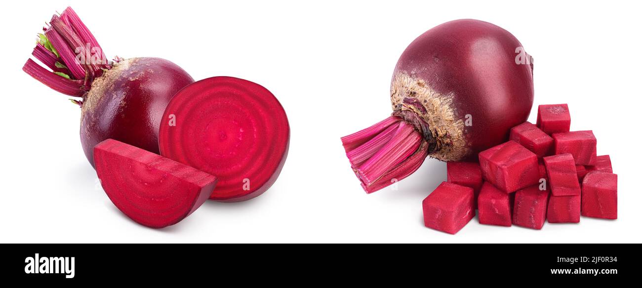 Rote Bete mit Würfel isoliert auf weißem Hintergrund voller Schärfentiefe. Set oder Collection Stockfoto