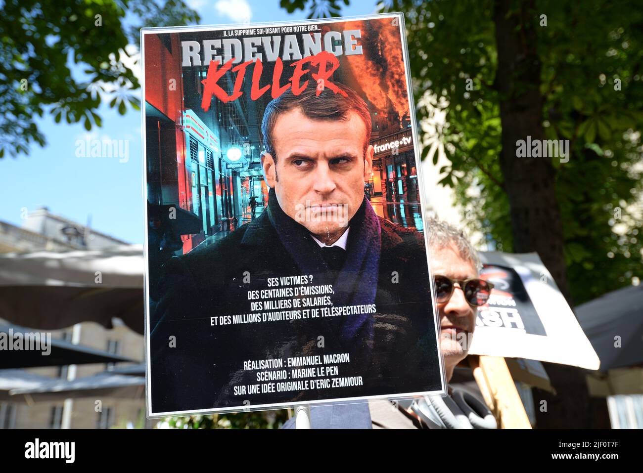 Journée de Grève et de Manifestation à Paris pour les salariés de l'audiovisuel public qui ont protesté contre la suppression de la redevance télé. Stockfoto