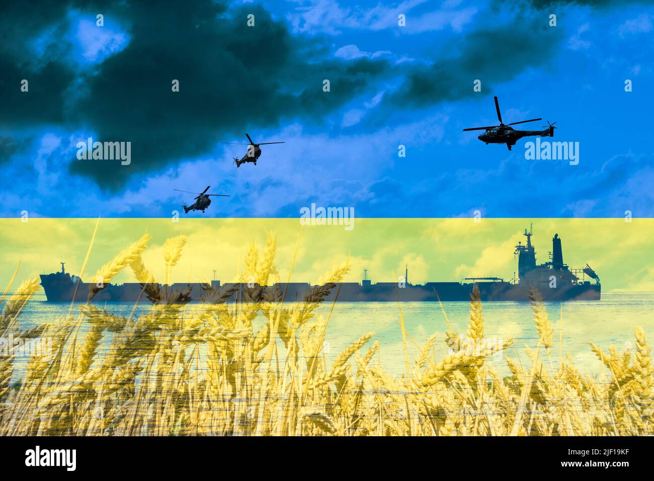 Bulk-Frachtschiff und Militärhubschrauber mit Flagge der Ukraine und Weizenfeld überlagert. Russland/Ukraine Konflikt Krieg, Getreide, Weltennahrungspreise... Stockfoto
