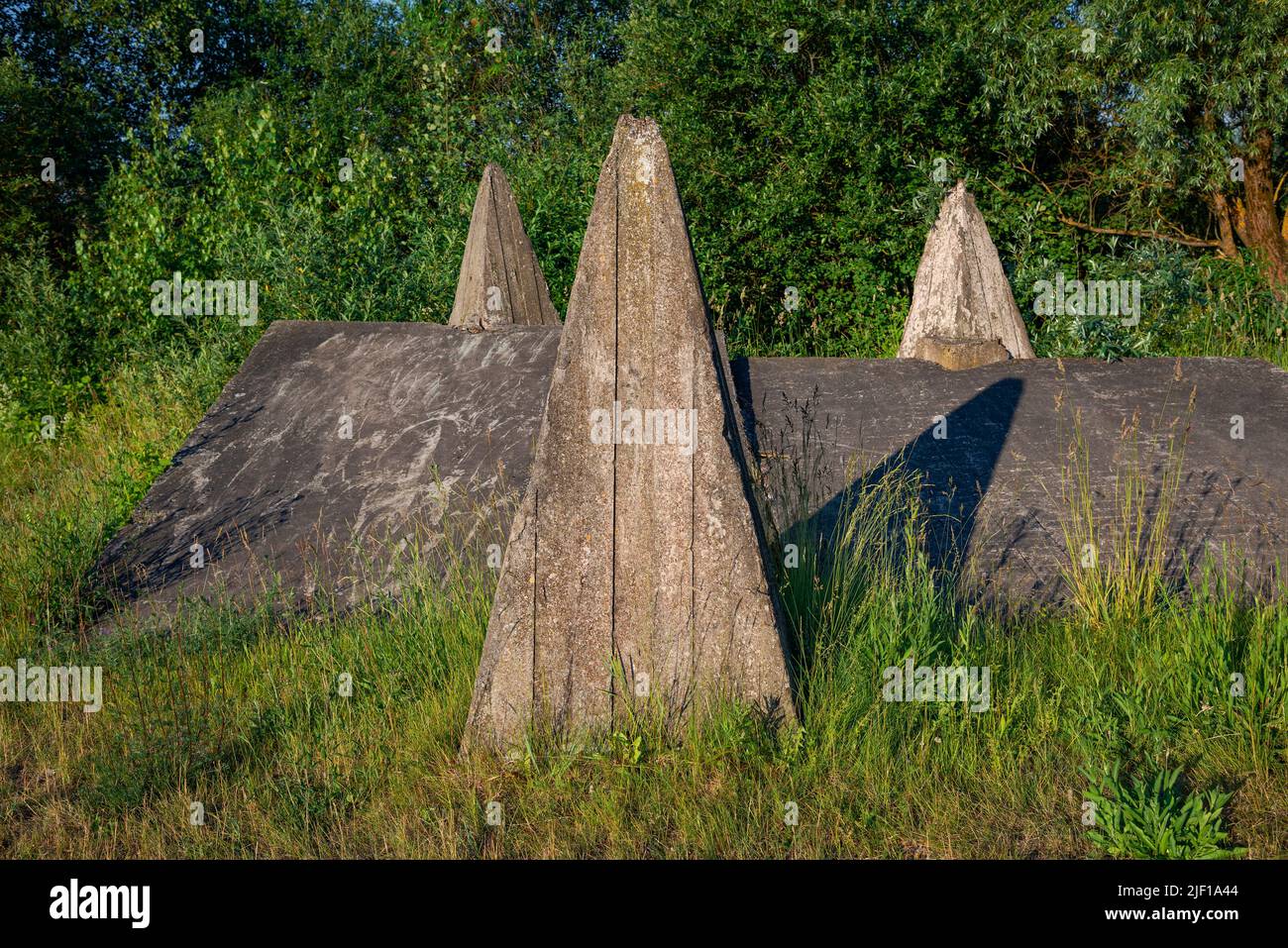 Die alten Panzerabwehrsperren der Periode des Grossen Vaterländischen Krieges. Region Nowgorod, Russland Stockfoto