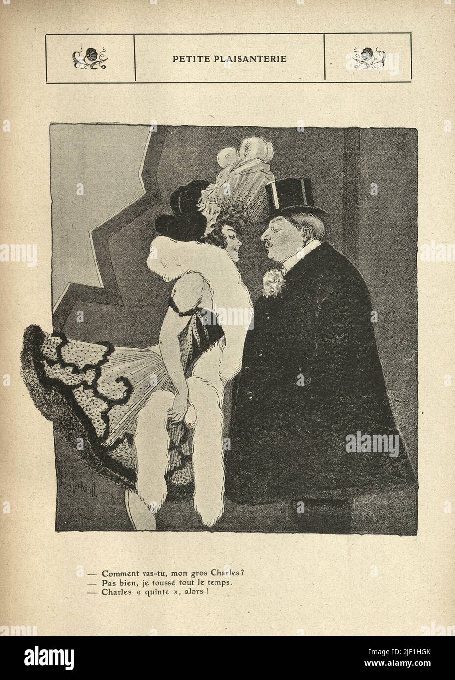 Vintage Französisch Cartoon von Henry Gerbault, 1900s. Frau, die sich in den Kuss eines Mannes lehnt, Showgirl. Petite plaisanterie Stockfoto
