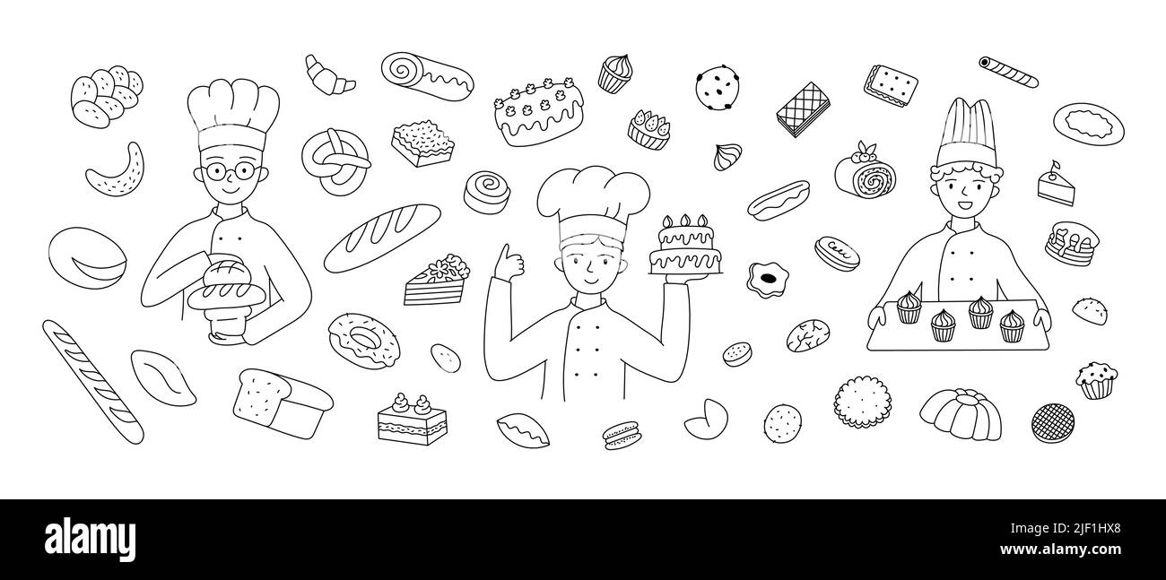 Doodle Banner Bäcker Konditoren und Gebäck Kuchen Brot. Stock Vektor