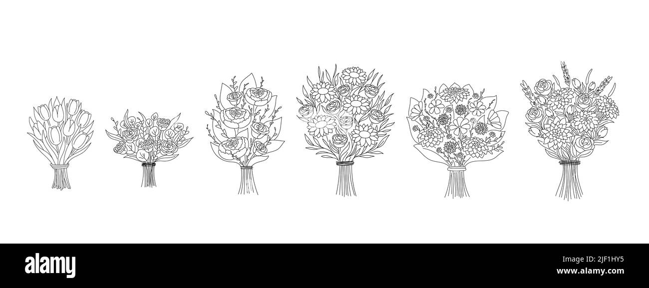 Satz von verschiedenen Doodle skizzieren Sträuße. Sammlung von verschiedenen blühenden Pflanzen mit Stängeln und Blättern isoliert auf weiß. Blumenschmuck oder Geschenk. Stock Vektor