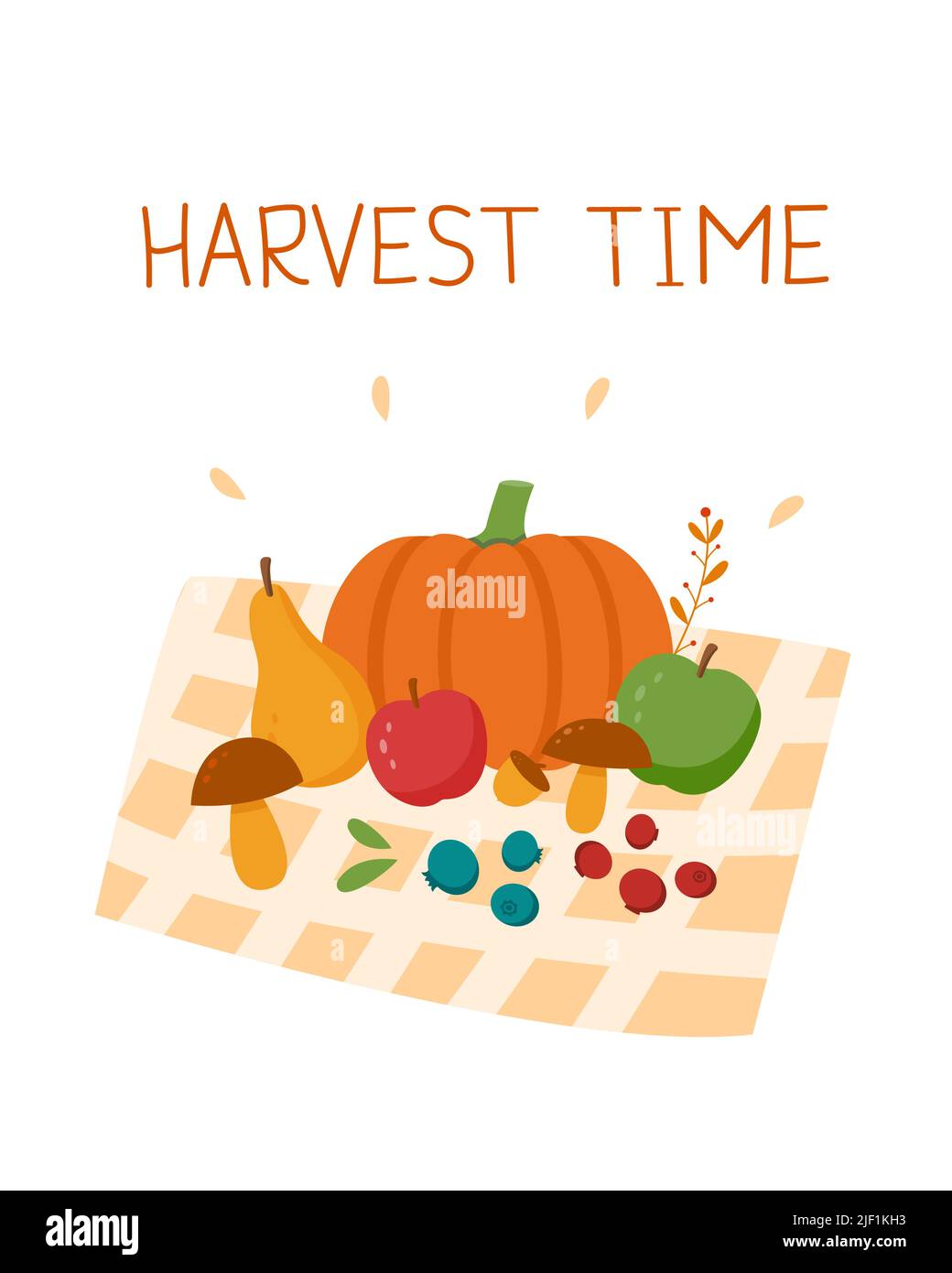 Erntezeit Postkarte. Gemüse, Obst und Blätter Stock Vektor