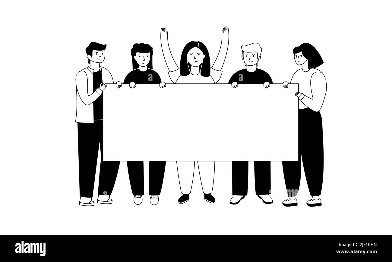 Eine Gruppe junger Männer und Frauen, die zusammen stehen und ein leeres Banner halten Stock Vektor