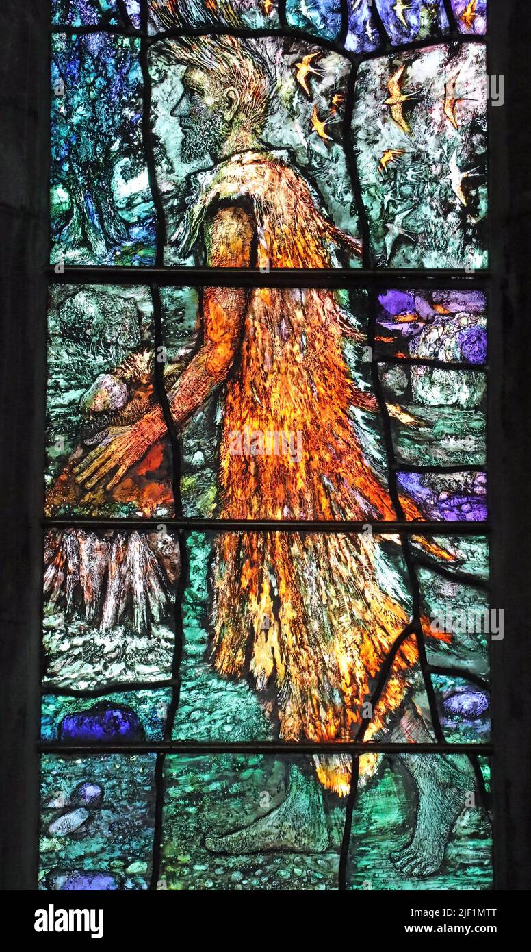 Buntglasfenster mit Darstellung des heiligen Johannes in seinem Kamelhaar in der Tralee-Kirche Stockfoto