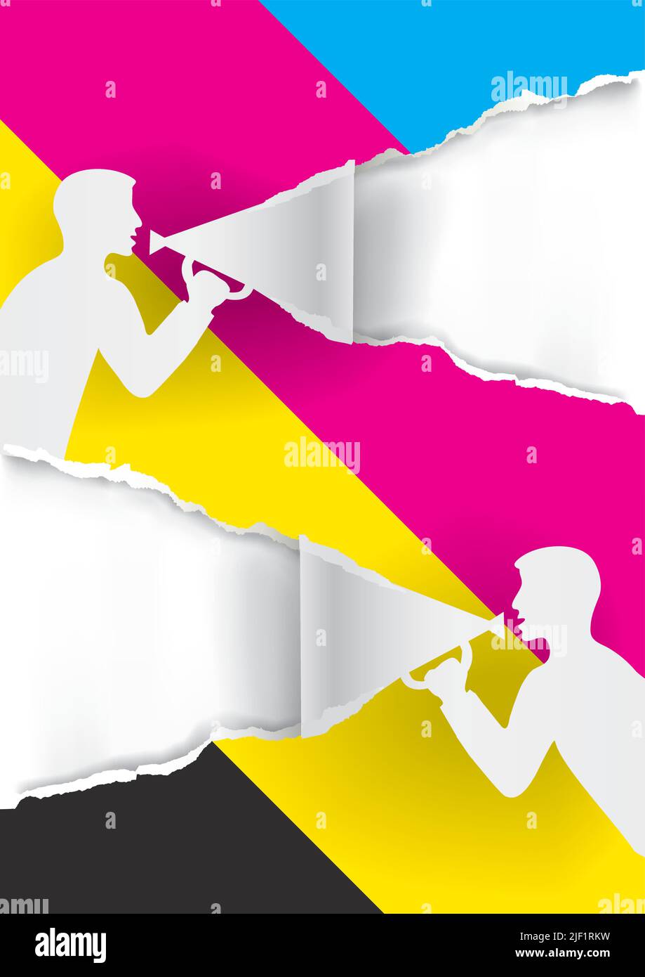 Zwei Männer mit Megaphon zerreißenden Papier mit CMCMCMY-Farben, Promotion-Hintergrund. Illustration eines Papierhintergrunds mit stilisierten männlichen Silhouetten. Stock Vektor