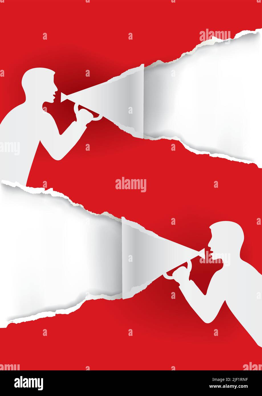 Zwei Männer mit Megaphon zerreißen rotes Papier, Promotion-Hintergrund. Illustration eines Papierhintergrunds mit stilisierten männlichen Silhouetten. Banner-Vorlage. Stock Vektor
