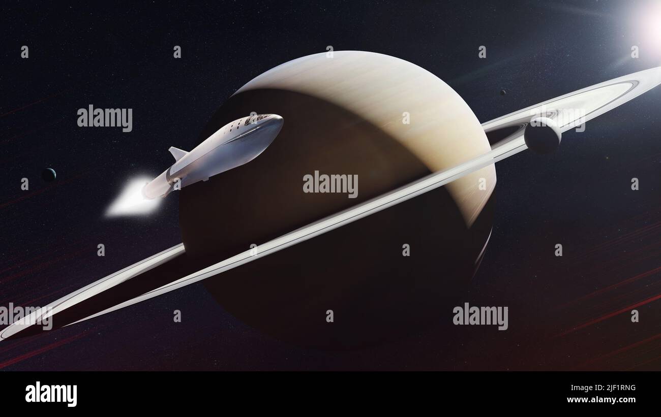 Raumschiff im Weltraum, das sich in der Nachbarschaft zum Saturn-Planeten befinden. Elemente dieses Bildes, die von der NASA eingerichtet wurden. Stockfoto