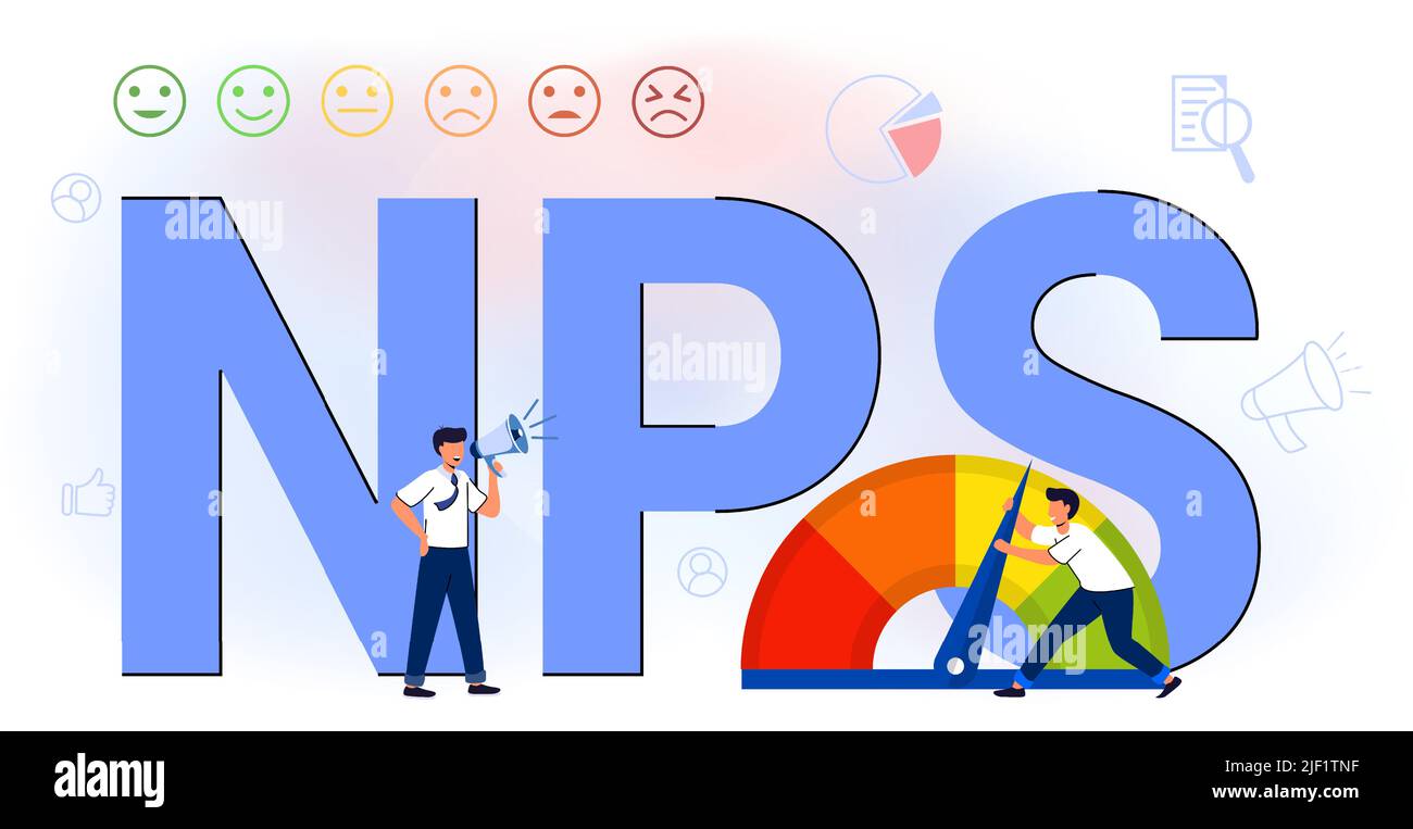 NPS Net Promoter Score Geschäftsstrategie Formel Promotion Marketing Scoring Werbeverrechnet Teamwork flache Vektor-Illustration misst Kunden e Stock Vektor