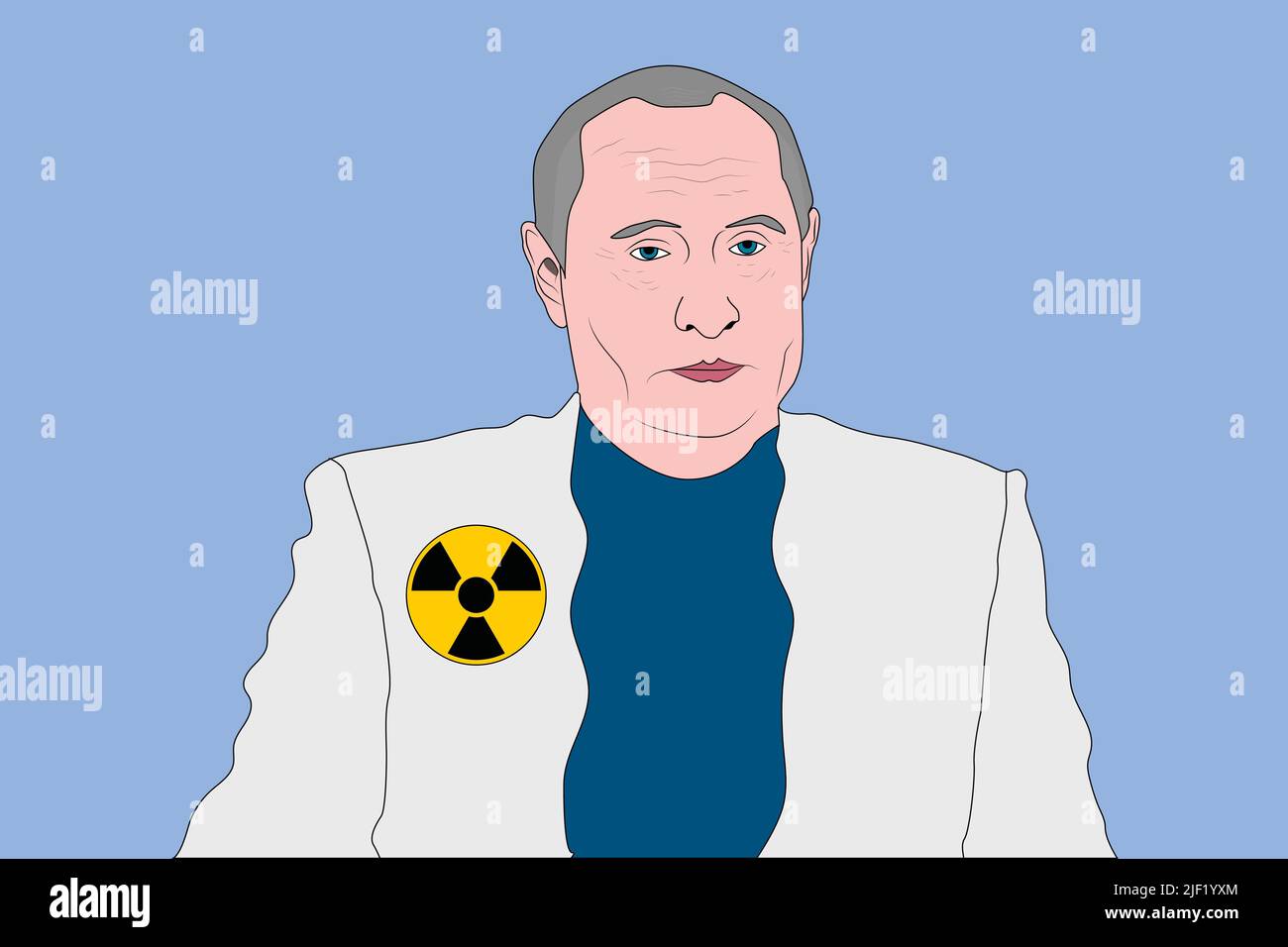 Wladimir Putin in einer weißen Suite mit einem Nuke-Zeichen-Symbol - Vektordarstellung Stock Vektor