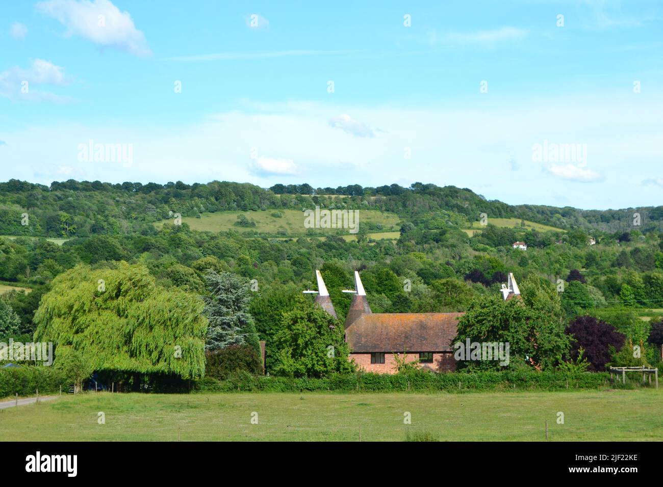 Im Sommer sind die Häuser auf der Filston Farm in der Nähe von Shoreham, Kent, im Darent Valley mit Fackenden Down in der Ferne, zu finden Stockfoto