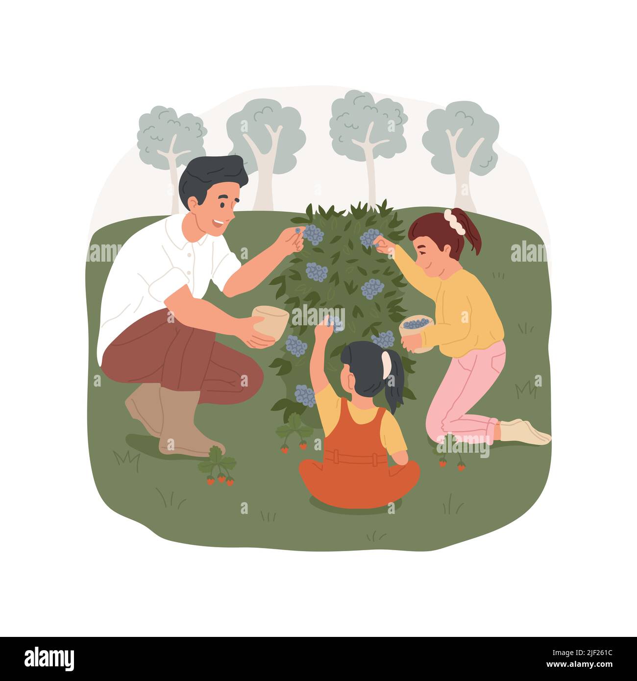 Sammeln Sie wilde Beeren isoliert Cartoon-Vektor-Illustration. Eltern und Kinder, die im Wald spazieren, Beeren auf der Lichtung sammeln, Campingaktivitäten, vom Busch pflücken, Eimer Vektorgrafik halten. Stock Vektor