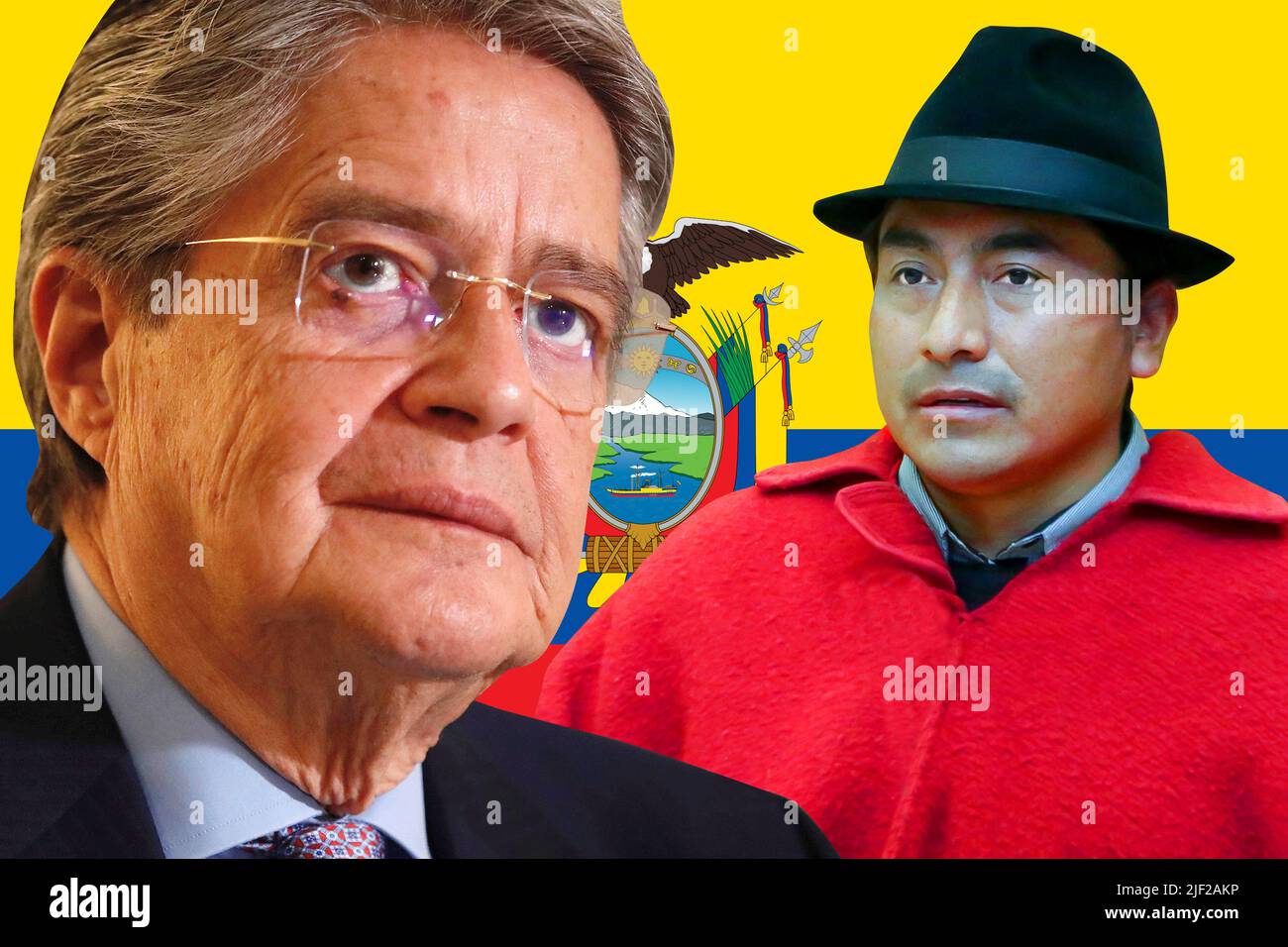 Guillermo Lasso, Leonidas Iza und ecuadorianische Flagge Stockfoto