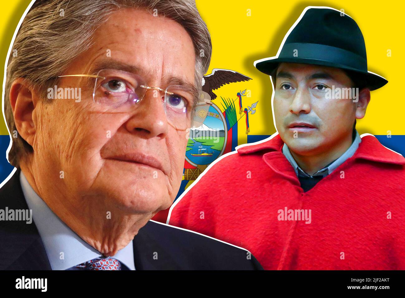 Guillermo Lasso, Leonidas Iza und ecuadorianische Flagge Stockfoto