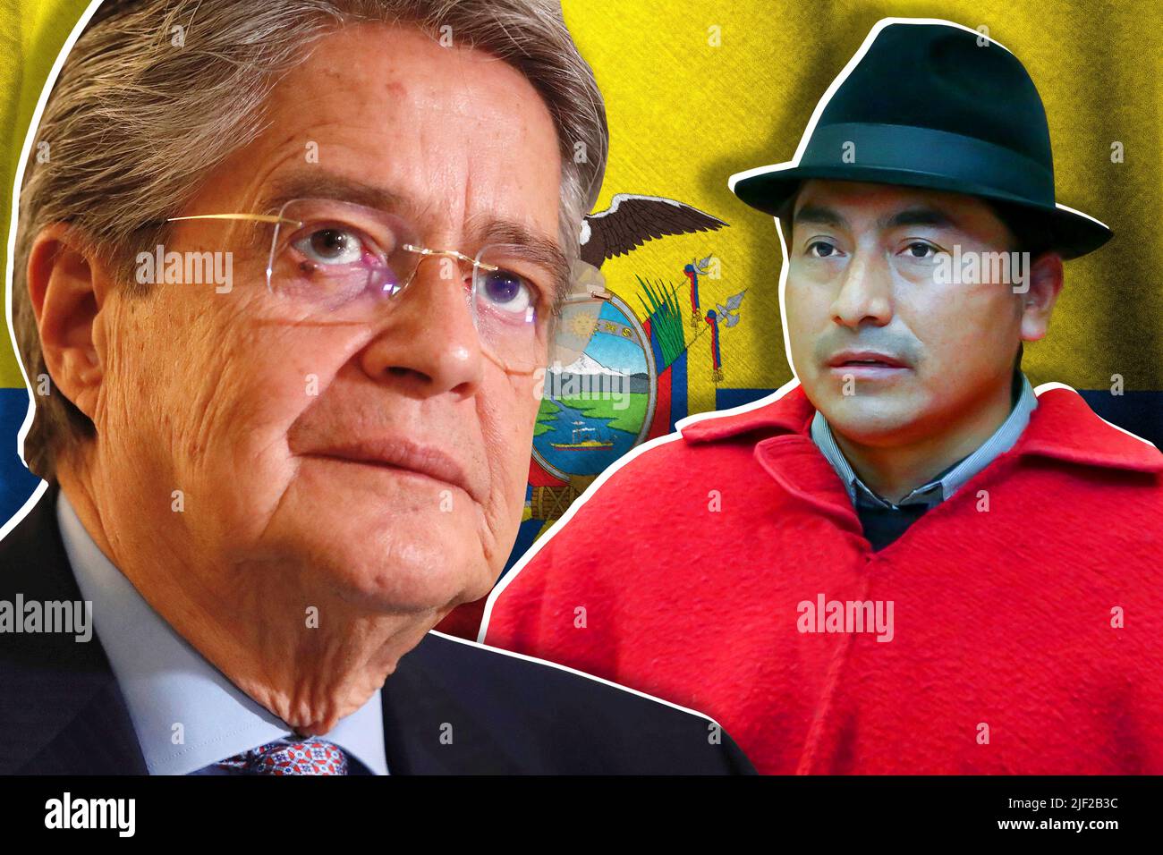 Guillermo Lasso, Leonidas Iza und ecuadorianische Flagge Stockfoto