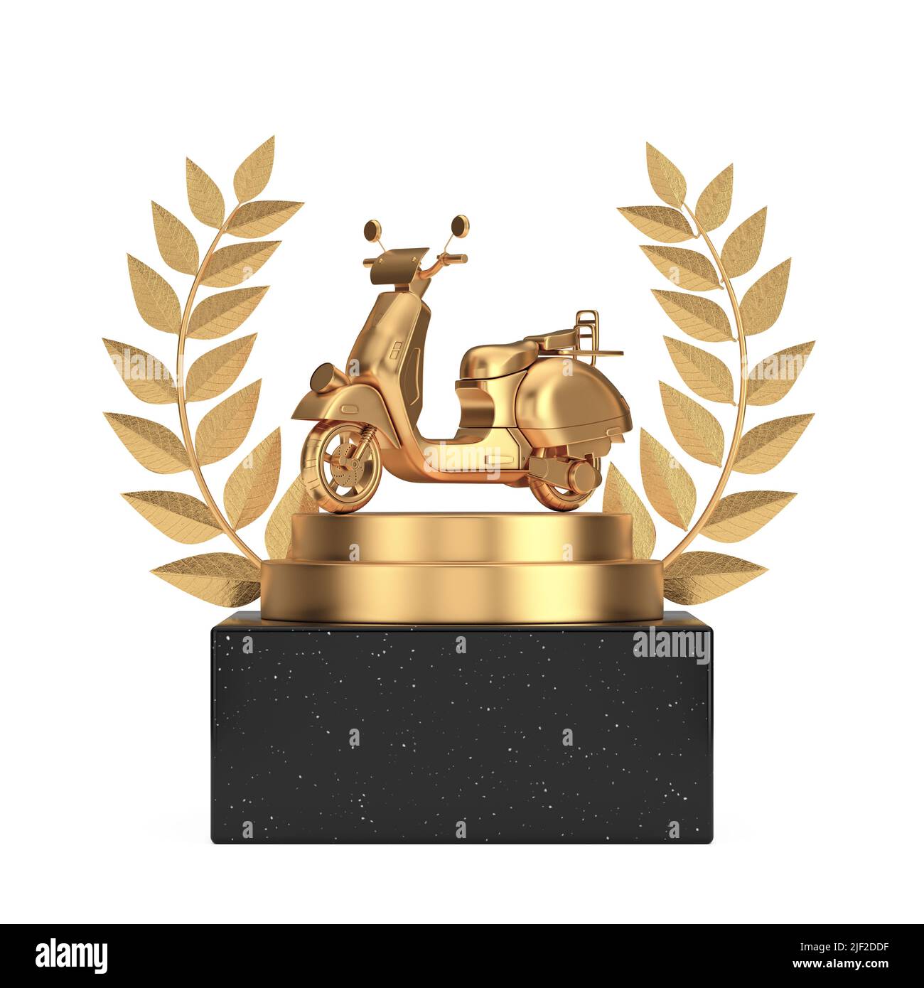 Siegerpreis Cube Gold Laurel Kranz Podium, Bühne oder Sockel mit Golden Classic Vintage Retro Motorrad oder Elektroroller auf weißem Hintergrund. Stockfoto