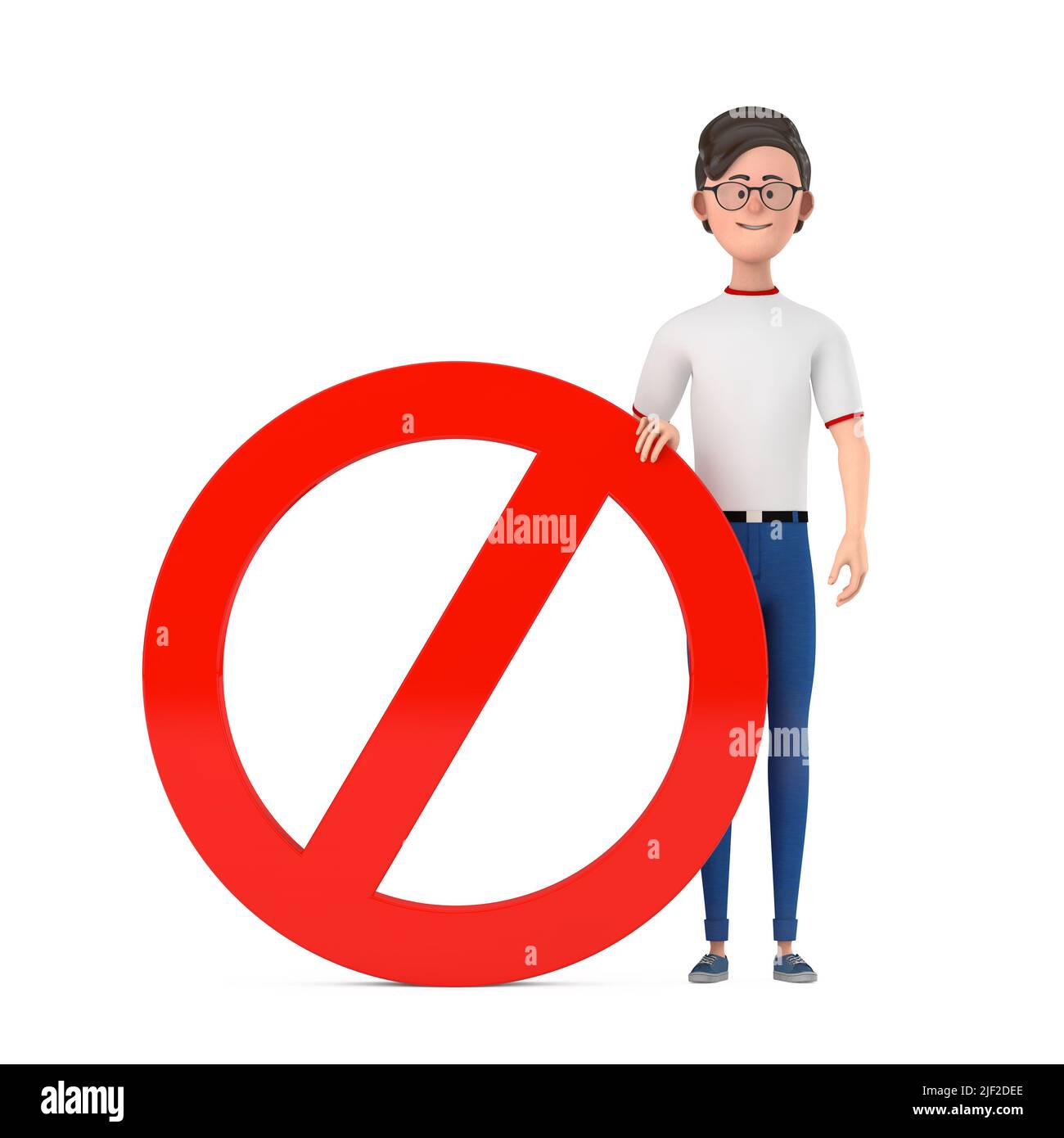 Cartoon Charakter Person Mann mit rotem Verbot oder Verbotene Zeichen auf weißem Hintergrund. 3D Rendering Stockfoto