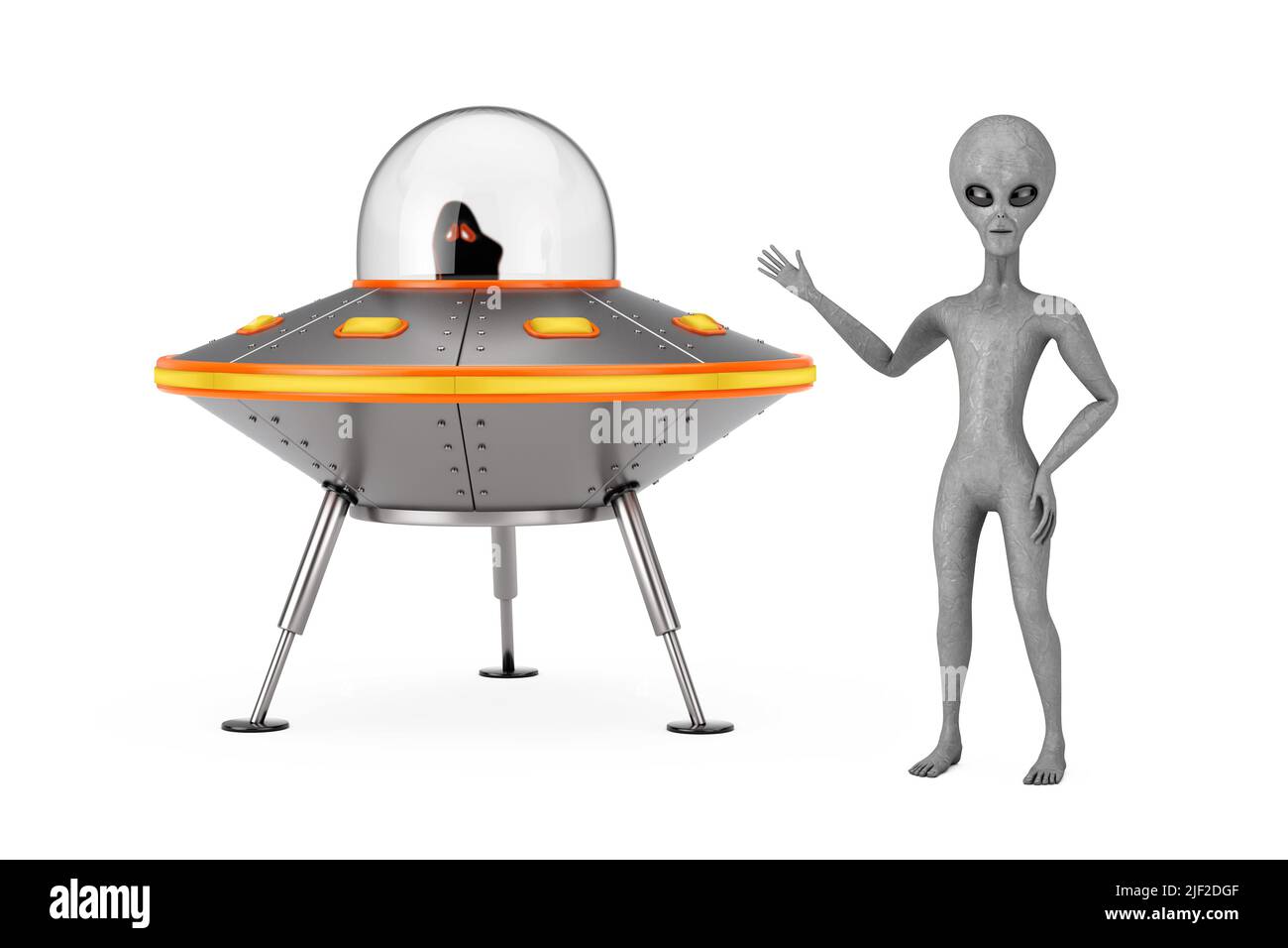 Scary Grey Humanoid Alien in der Nähe von niedlichen Raumschiff Cartoon UFO auf einem weißen Hintergrund. 3D Rendering Stockfoto