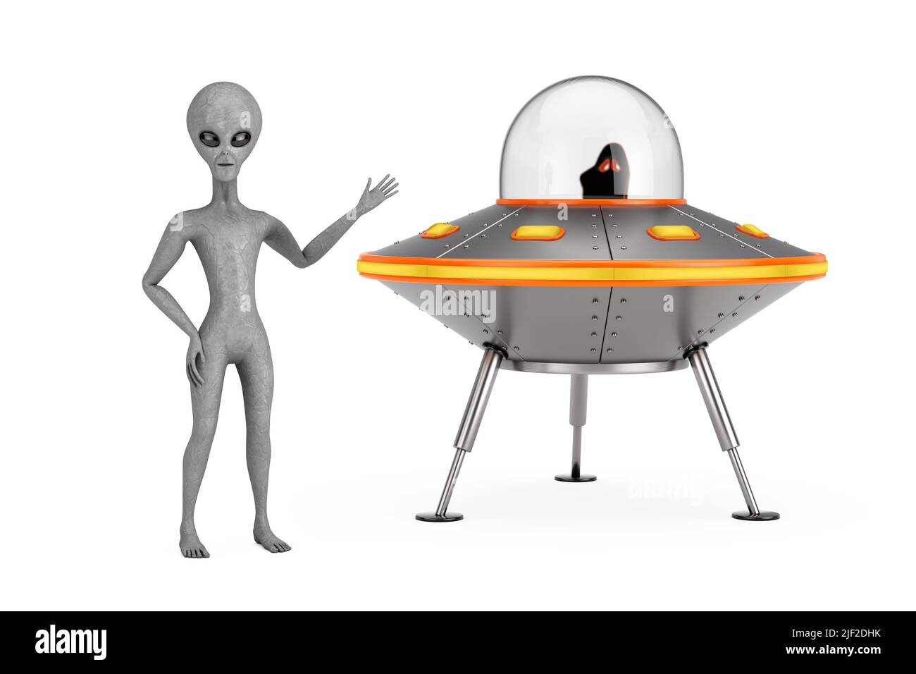 Scary Grey Humanoid Alien in der Nähe von niedlichen Raumschiff Cartoon UFO auf einem weißen Hintergrund. 3D Rendering Stockfoto