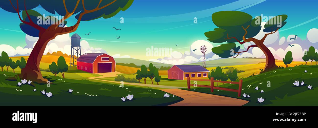 Sommerlandschaft mit Bauernhofscheune, Windmühle, Wasserturm und landwirtschaftlichen Feldern. Vektor-Cartoon-Illustration der ländlichen Landschaft von Ackerland mit Holzschuppen, Straße und grünen Bäumen Stock Vektor
