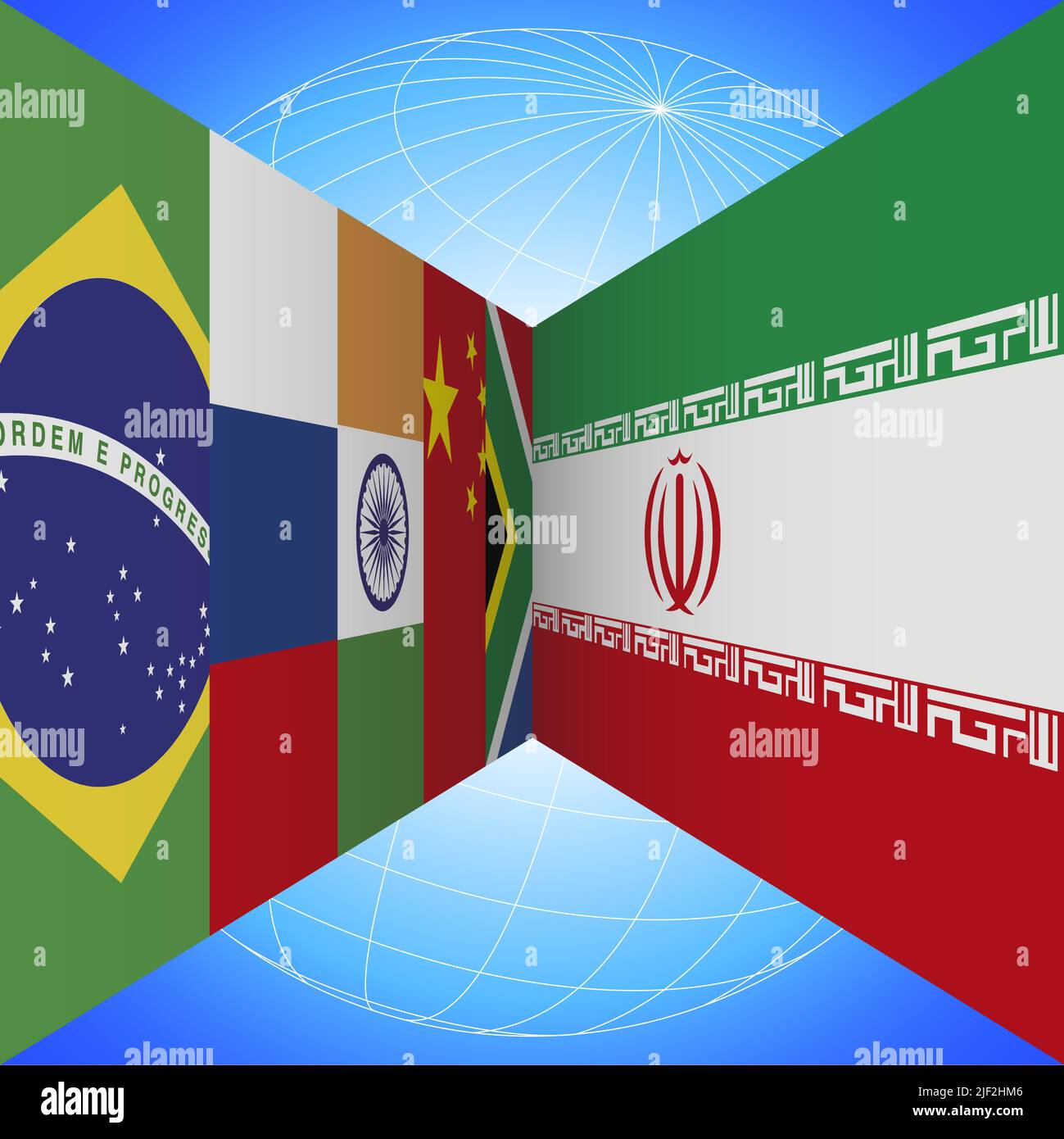 BRICS-Flaggen Länder und Iran-Flagge mit Erdkugel in Perspektive auf dem blauen Hintergrund, Vektorgrafik Stock Vektor