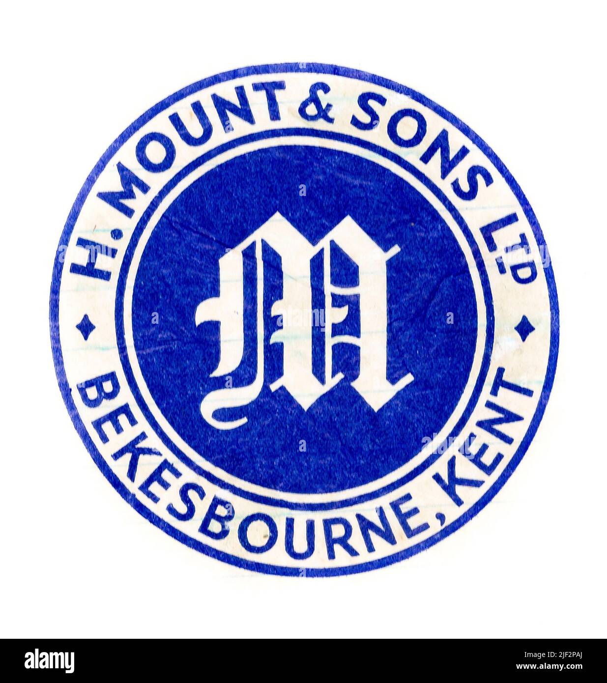 Frischobst-Papierverpackung, ab Mitte 1950s in England, mit Anbaumarke. H Mount and Sons, Bekesbourne, Kent, England. Blau und weiß. Stockfoto