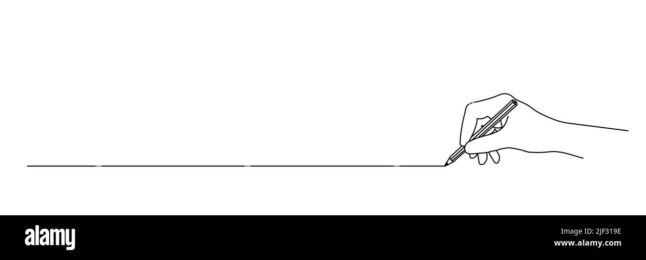 Hand hält einen Bleistift und zeichnet eine Linie. Handgezeichnet mit dünner Linie. Vektordarstellung auf weißem Hintergrund isoliert Stock Vektor