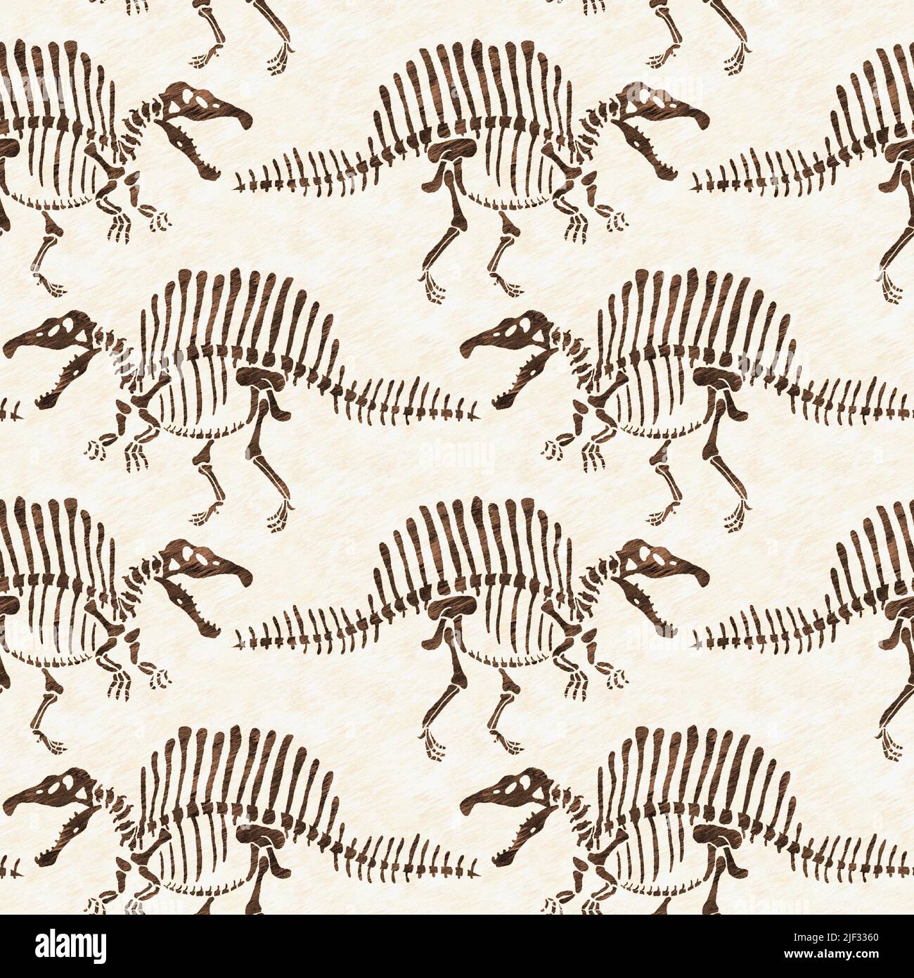 Braun handgezeichnete Spinosaurus fossile Knochen Dinosaurier nahtloses Muster. Geschlechtsspezifische neutrale jurassische Silhouette für die Babykrippe. Home Dekor für Museum Stockfoto