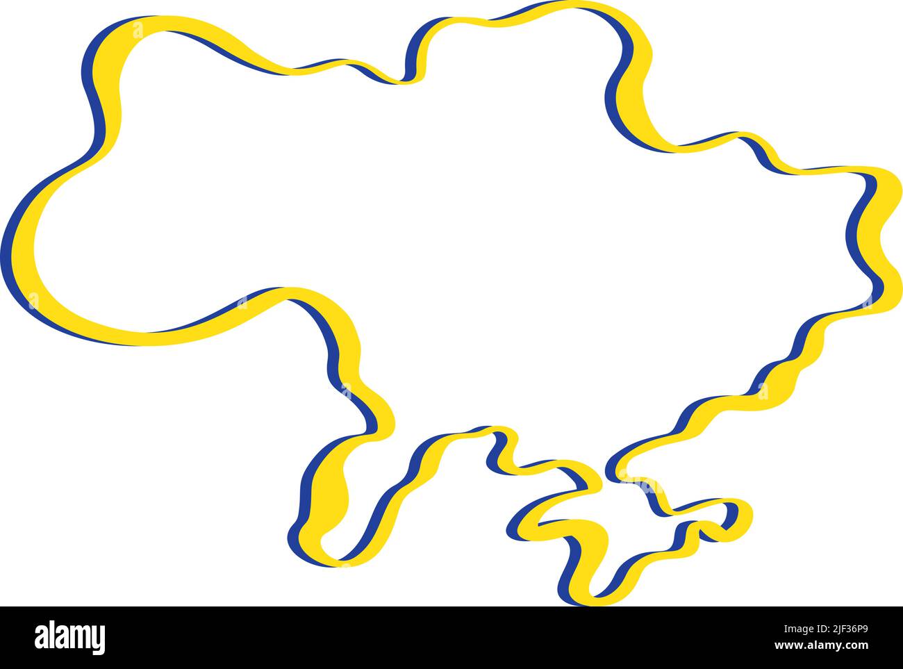 Linienkunst-Vektorkarte der Ukraine mit blauem und gelbem Pinselstrich. Rettet Die Ukraine. Designelement für Aufkleber, Banner, Poster, Karte. Isoliert Stock Vektor