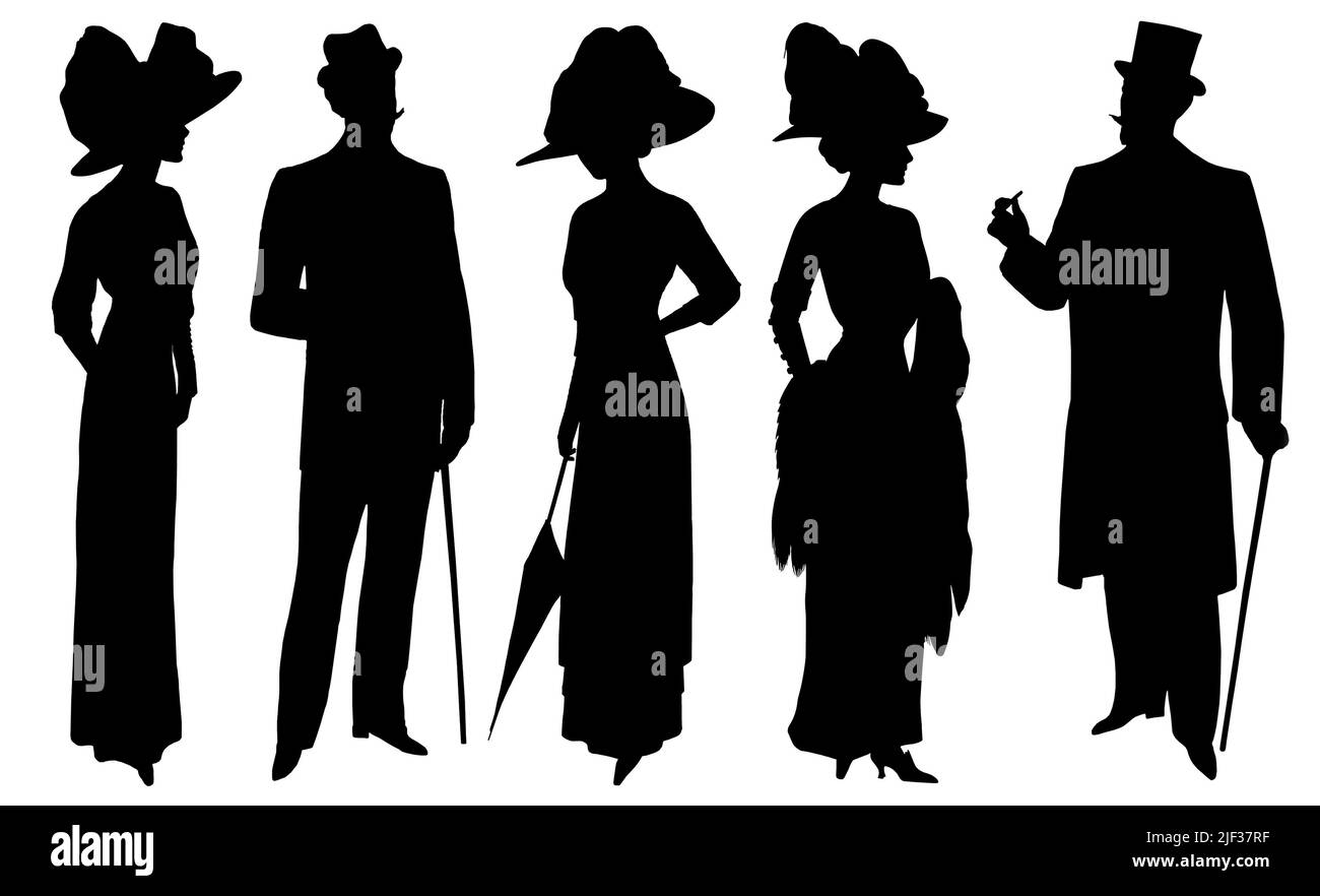 Mann Frau Silhouette in Vintage-Kleid und Hut. Mode Menschen isoliert auf weißem Hintergrund Stockfoto