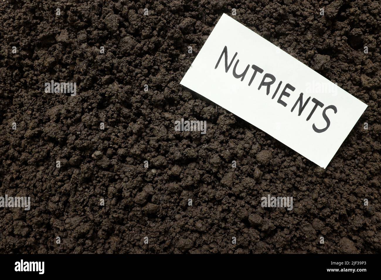 Bodennährstoffe für die Landwirtschaft Konzept. Geschriebenes Wort auf einem Stück Papier auf der Erde. Stockfoto