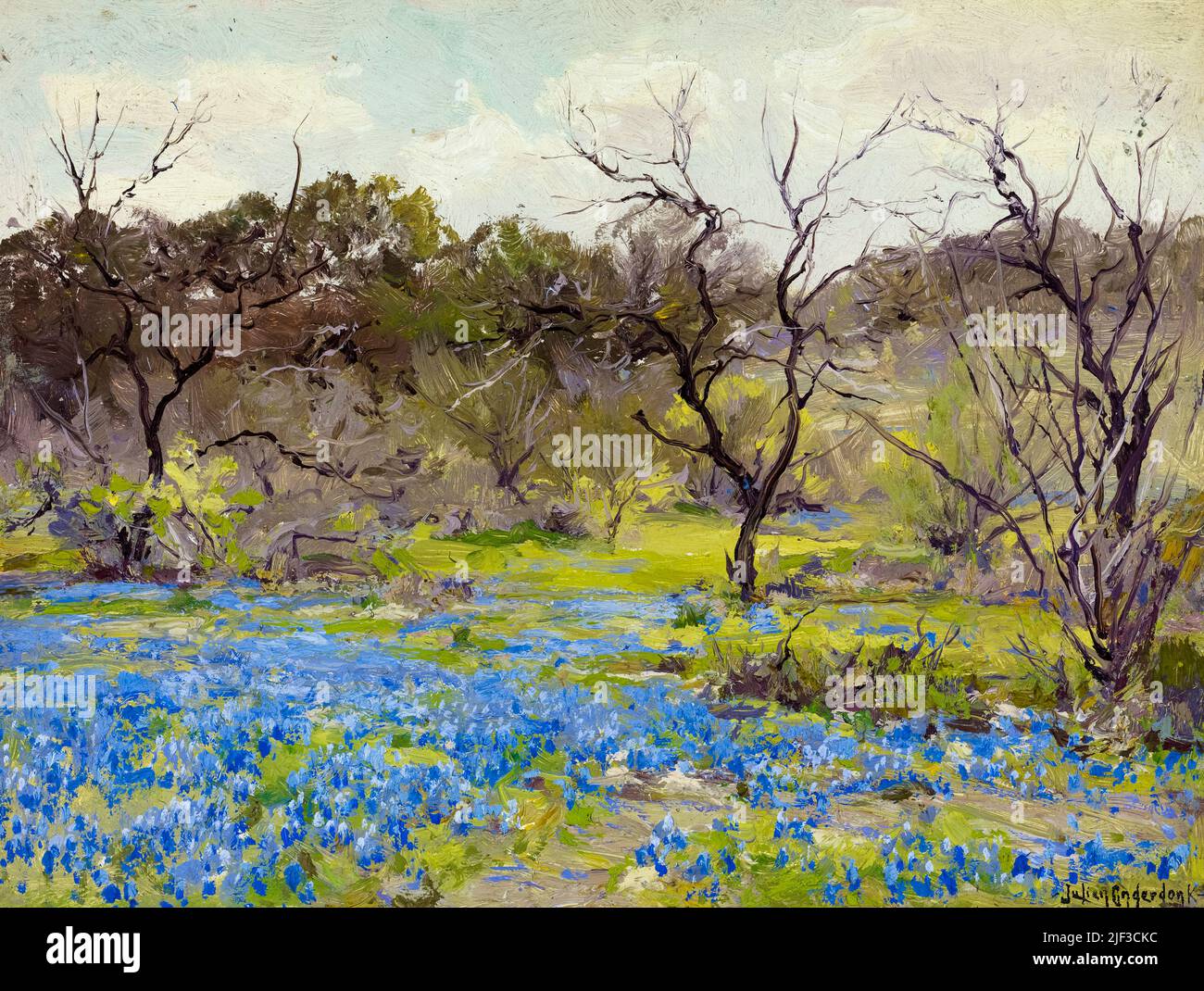 Julian Onderdonk, Frühfrühling: Bluebonnets und Mesquite, Landschaftsmalerei in Öl auf Tafel, 1919 Stockfoto