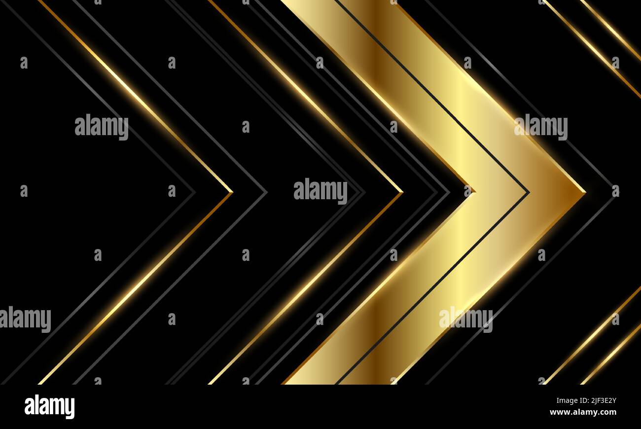 Abstrakter Luxus schwarz und Gold Hintergrund mit Pfeilen und Winkeln. Eleganter Luxus-Hintergrund mit 3D geometrischen dreieckigen goldenen Pfeilen. Vektor Stock Vektor