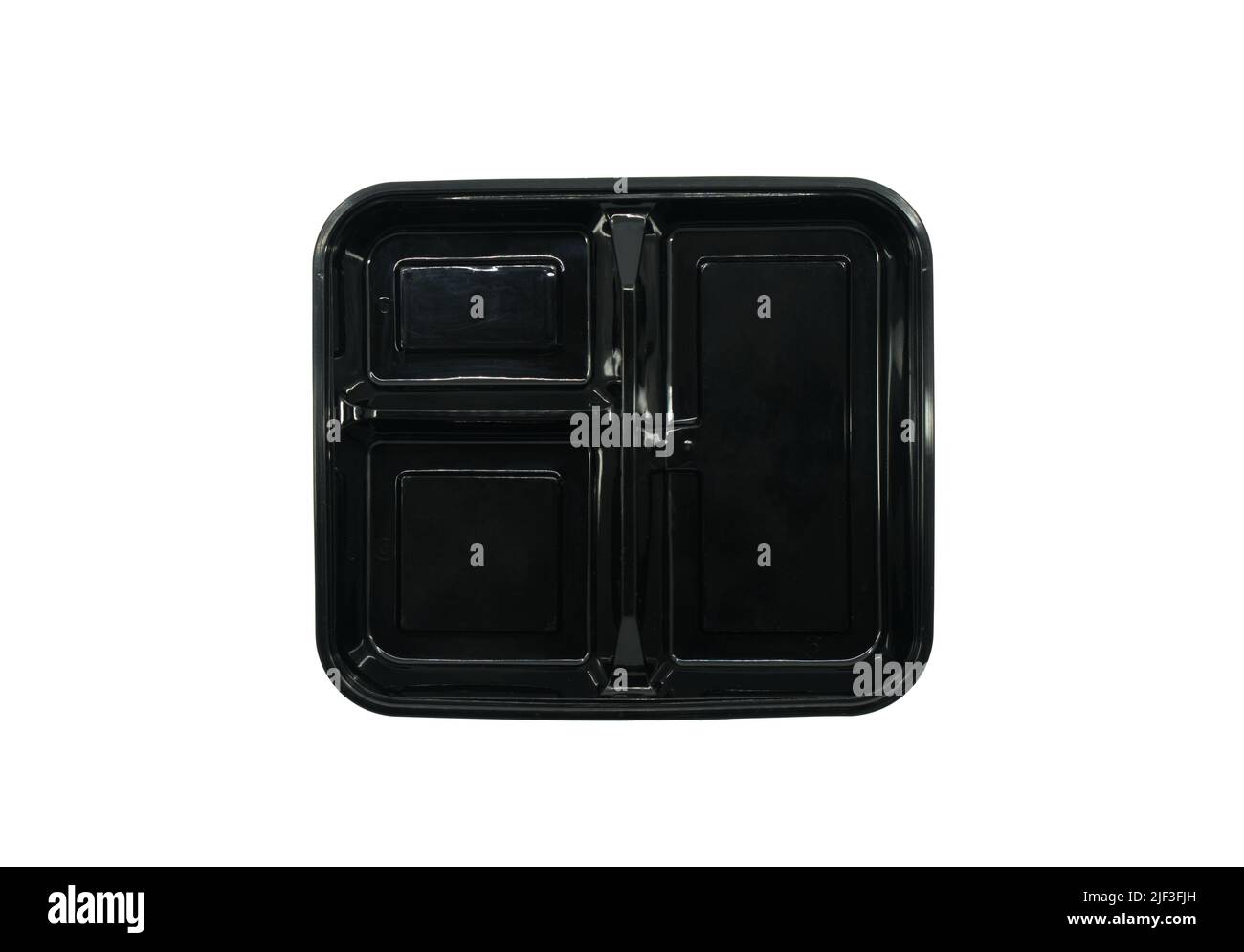 Draufsicht schwarzer Kunststoff-Lebensmittelkarton, leerer Lebensmittelbehälter zum Mitnehmen mit drei getrennten Fächern, groß, mittel und klein, isolierter Kunststoff-Takeaway l Stockfoto