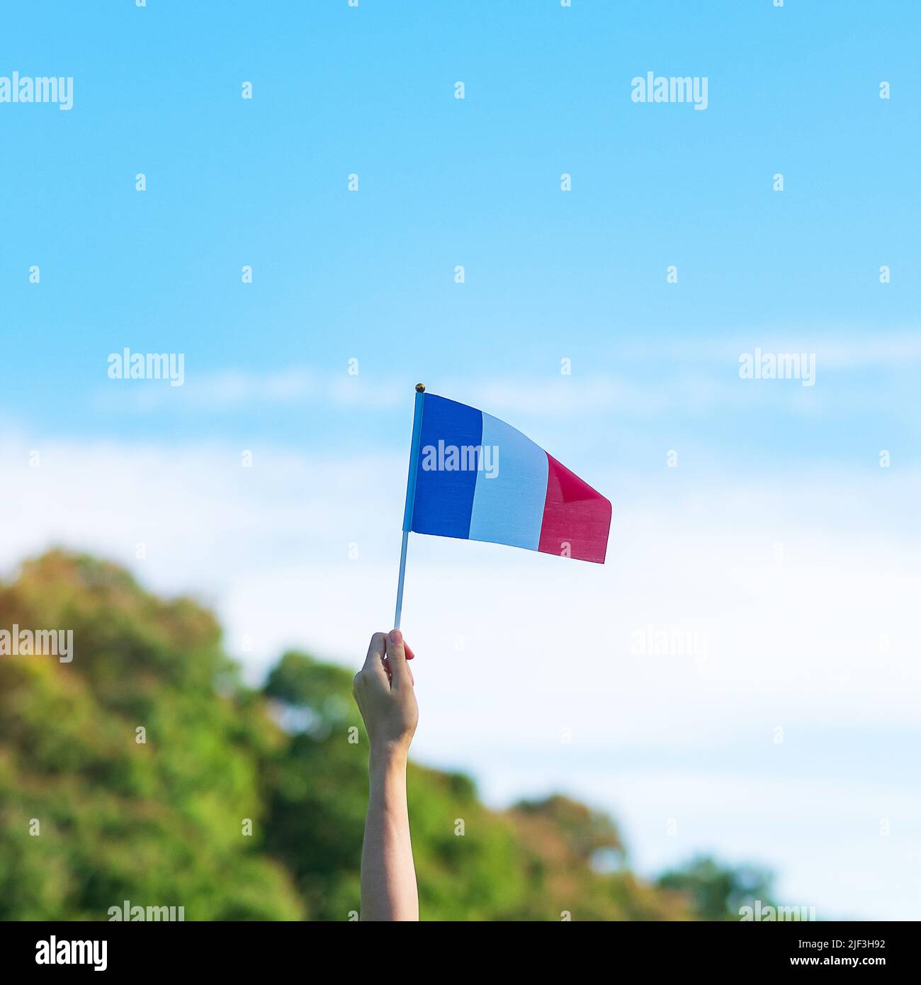Hand hält Frankreich Flagge auf blauem Himmel Hintergrund. Feiertag des französischen Nationaltages, Bastille Tag und glückliche Feier Konzepte Stockfoto