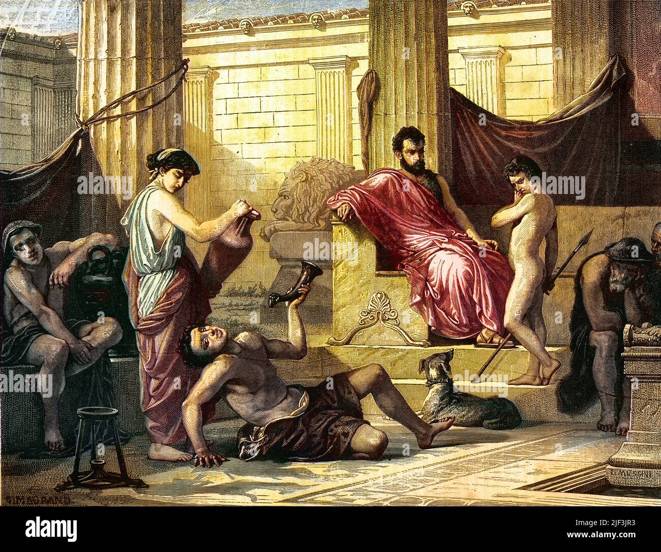 Bildung in Sparta im antiken Griechenland - L'Education a sparte dans la Grece antique : on presente un esclave ivre a un jeune garcon pour lui montrer les dangers de l'alcool. Gravure d'apres la peinture de Luigi Mussini Stockfoto