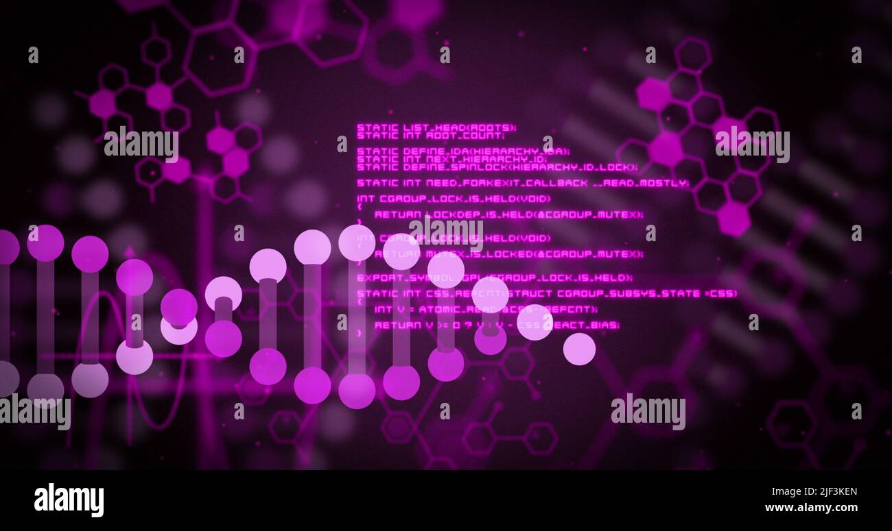 Bild von dna-Strang und Datenverarbeitung auf schwarzem Hintergrund Stockfoto