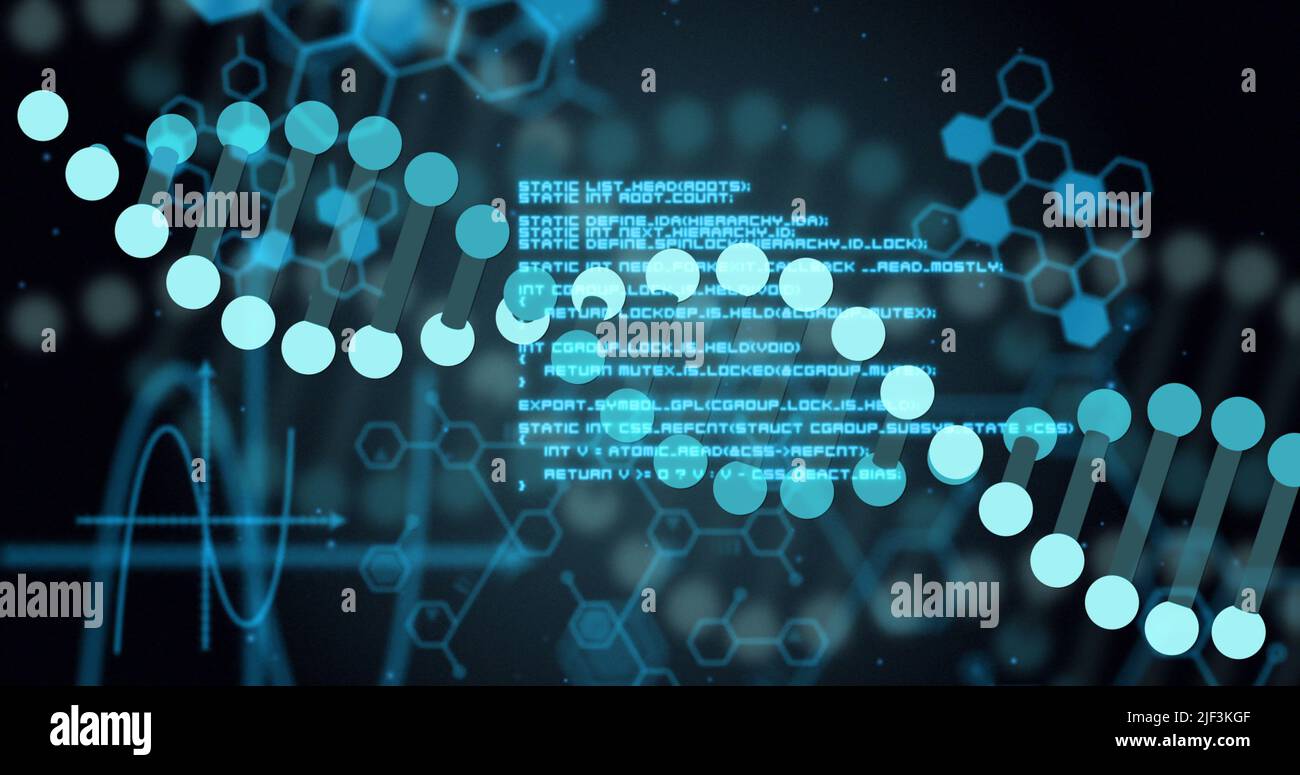 Bild von dna-Strang und Datenverarbeitung auf schwarzem Hintergrund Stockfoto