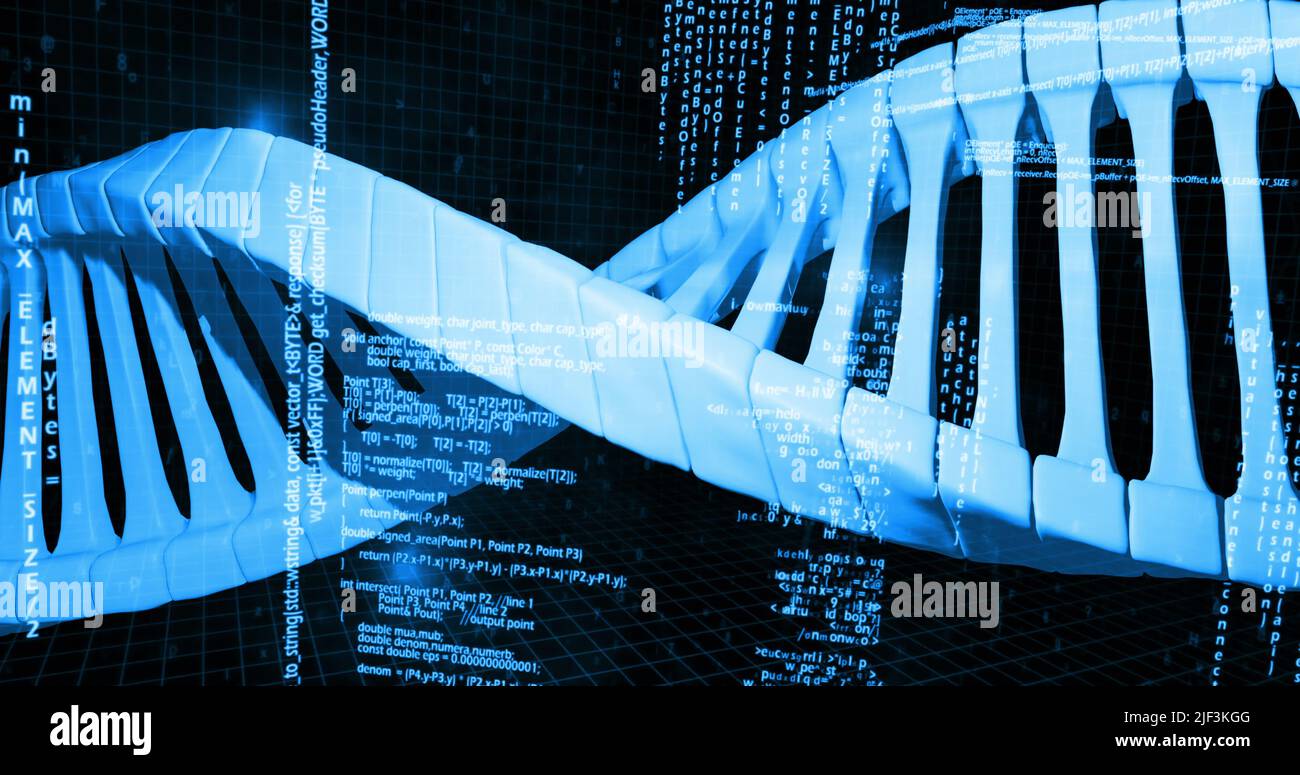 Bild von dna-Strang und Datenverarbeitung auf schwarzem Hintergrund Stockfoto