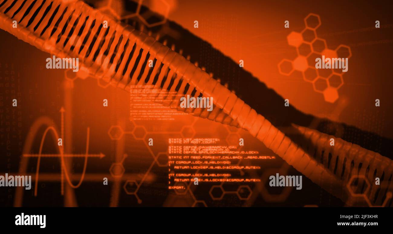 Bild von dna-Strang und Datenverarbeitung auf rotem Hintergrund Stockfoto