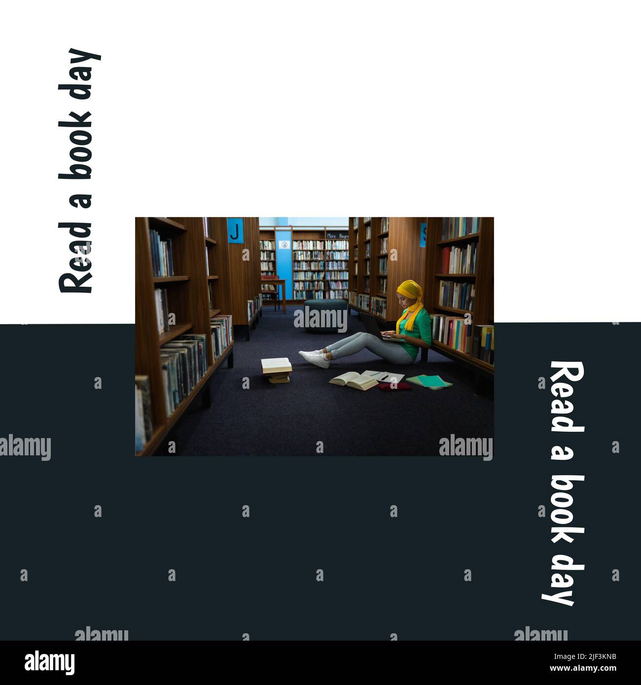 Digitales Bild der afroamerikanischen jungen Frau, die Buch in der Bibliothek liest, mit einem Buchtag-Text Stockfoto