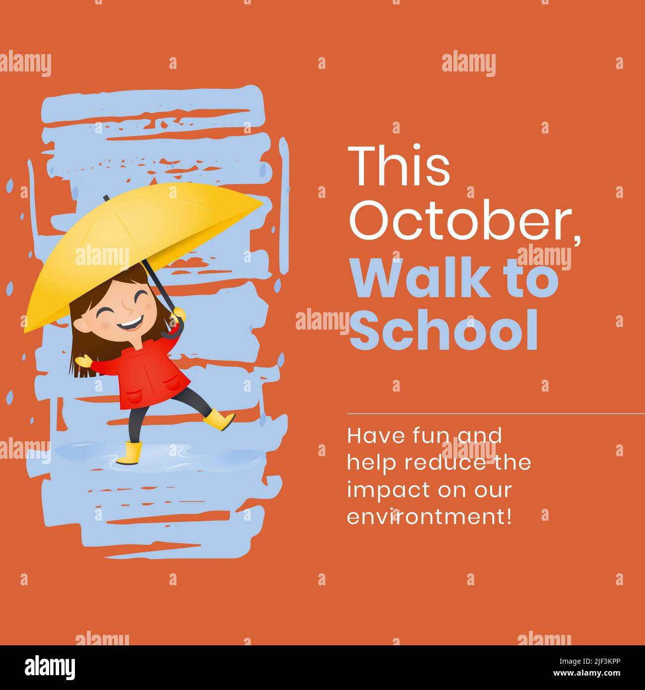 Mädchen mit Regenschirm und in diesem oktober zur Schule gehen, Spaß haben und reduzieren Auswirkungen auf unsere Umwelt Stockfoto