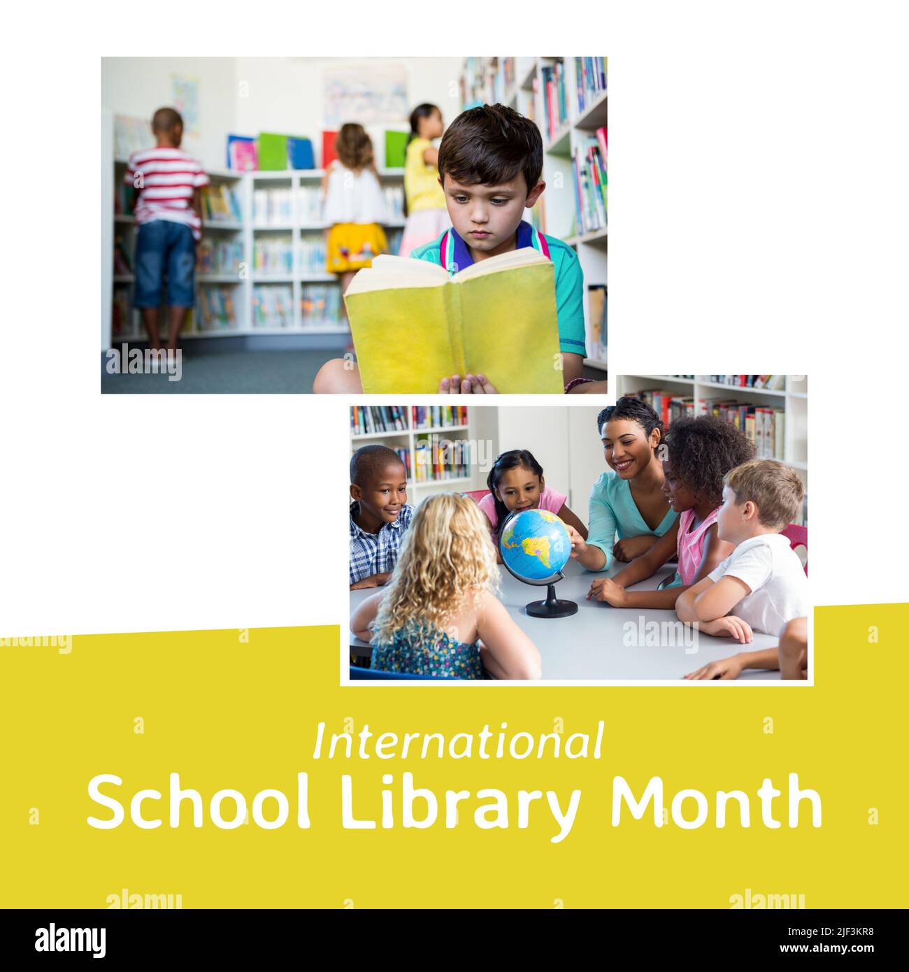 Multirassischer Junge, der Buch liest, Lehrer, der Kindern den Globus zeigt, internationaler Schulbibliotheksmonat Stockfoto