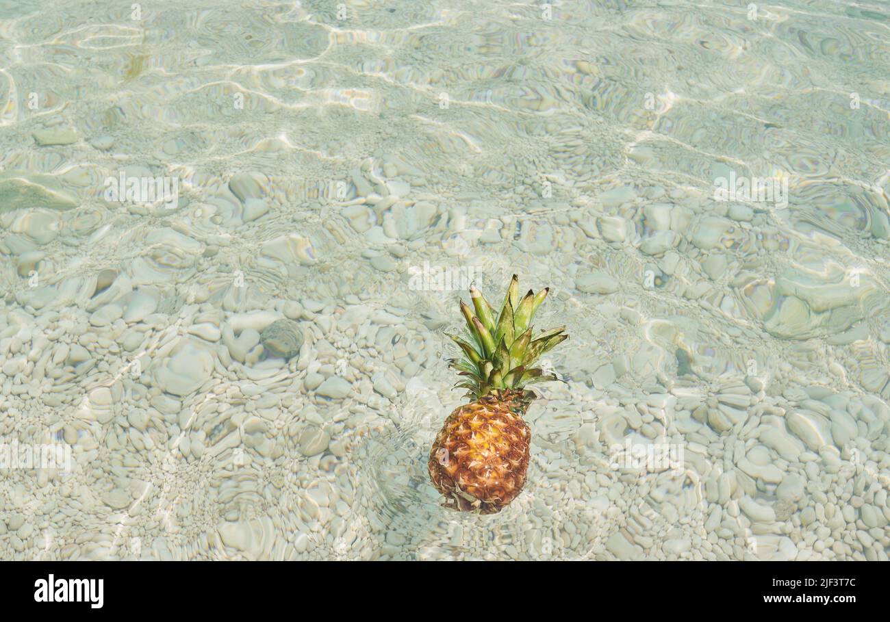Exotische Ananas-Frucht Symbol des Sommers schwimmend im blauen tropischen Ozeanwasser gesunde Bio-Ernährung Lebensmittel Stockfoto